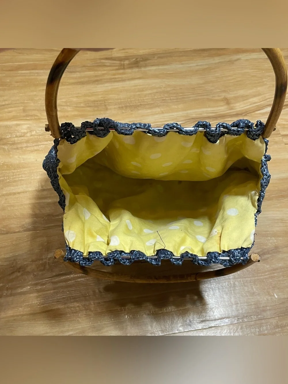 Handmade crocheted?/macrame? handbag recycled materials bamboo handles 14”x11”
